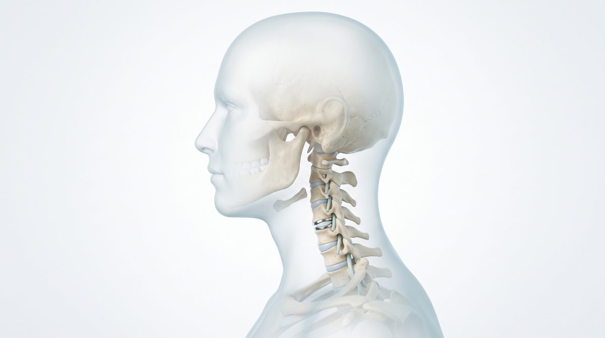 Illustration of the neck spine with an artificial disc implant between two vertebrae