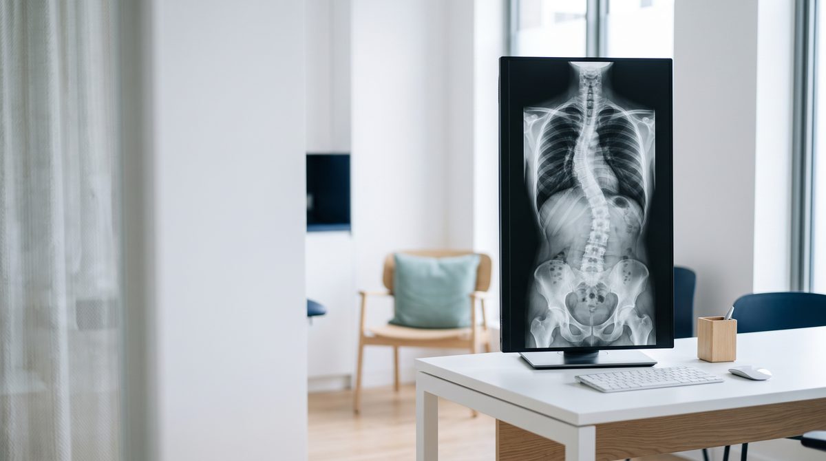 A full-length spine X-ray showing an S-shaped curve on a tall monitor in a bright clinic office