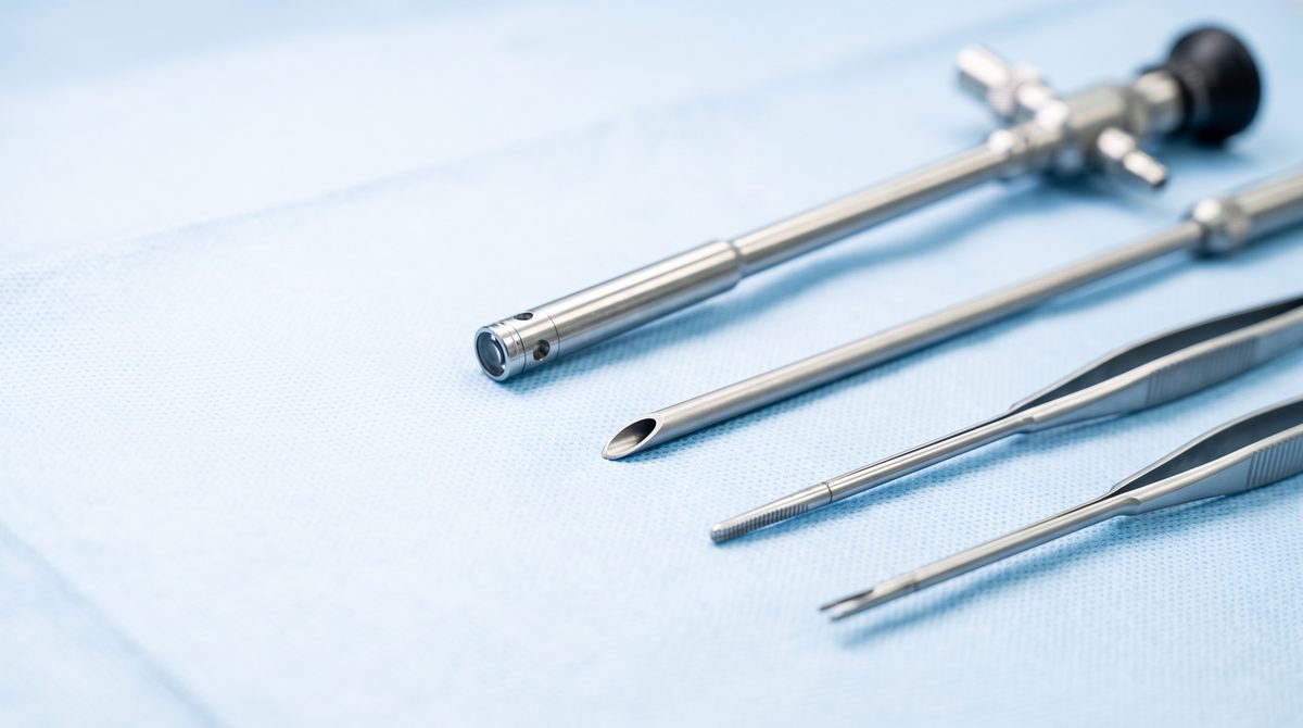 A slim endoscope and fine surgical instruments on a light blue sterile drape