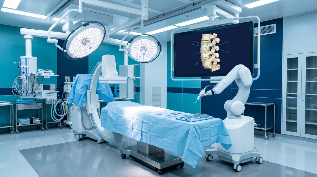 An empty operating room with a robotic arm beside the table and a 3D spine model on a large display